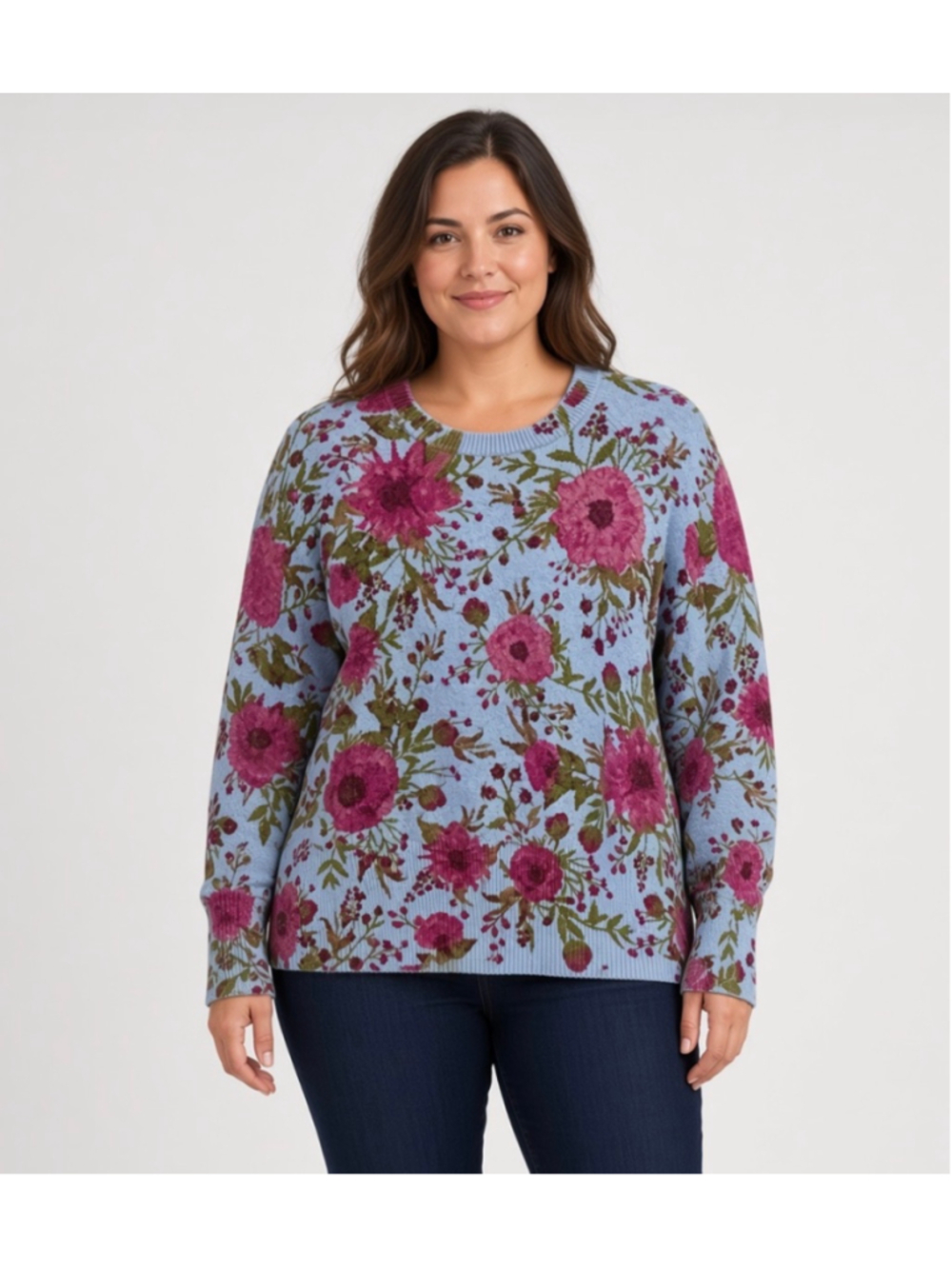 LC Lauren Conrad Blue Pink Floral Crewneck Long Sleeve Pullover Sweater Size XL